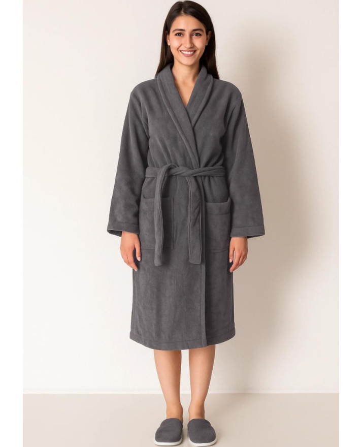 Unisex Luxury Shawl Collar Bathrobe – Soft Microfiber, Classic Grey