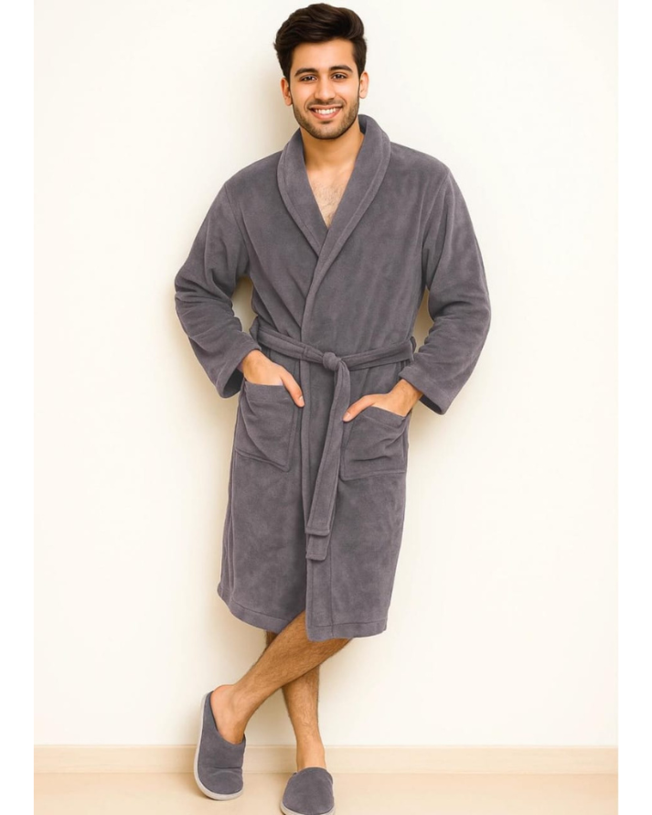 Unisex Luxury Shawl Collar Bathrobe – Soft Microfiber, Classic Grey