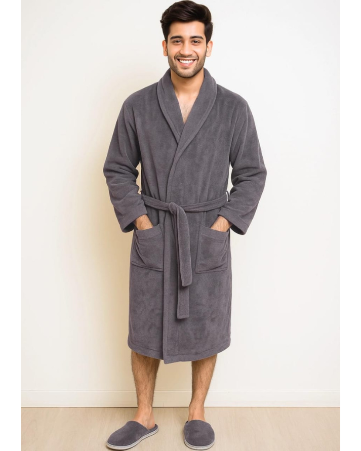 Unisex Luxury Shawl Collar Bathrobe – Soft Microfiber, Classic Grey