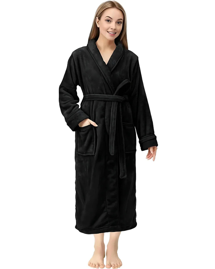Black Plush Fleece Bathrobe Long Shawl Collar