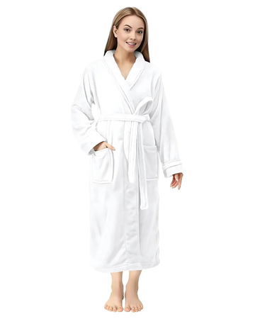 White Plush Fleece Bathrobe Long Shawl Collar