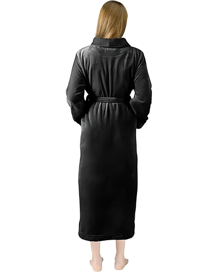 Black Plush Fleece Bathrobe Long Shawl Collar