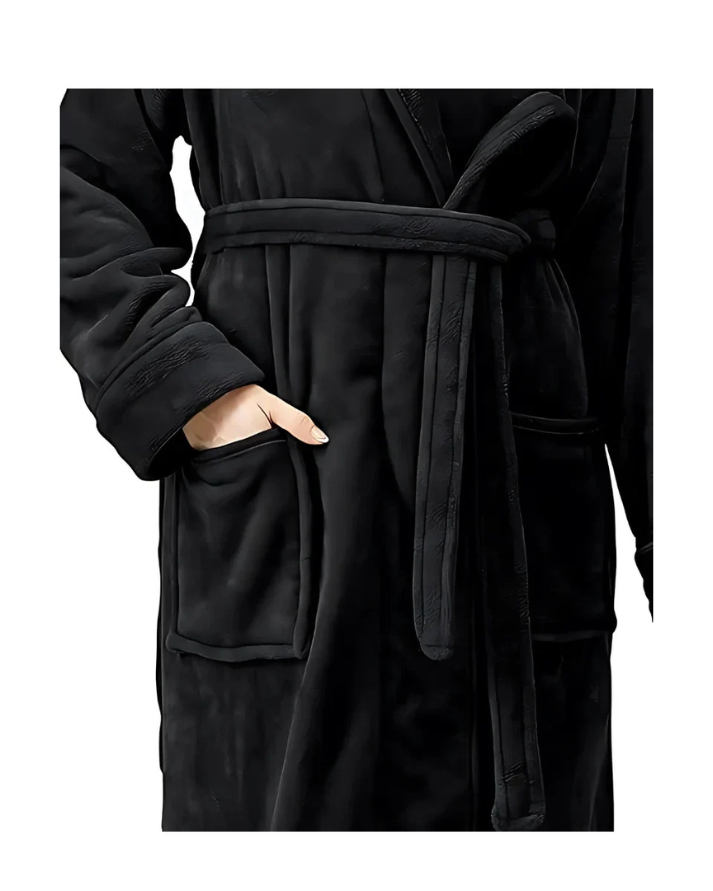 Black Plush Fleece Bathrobe Long Shawl Collar