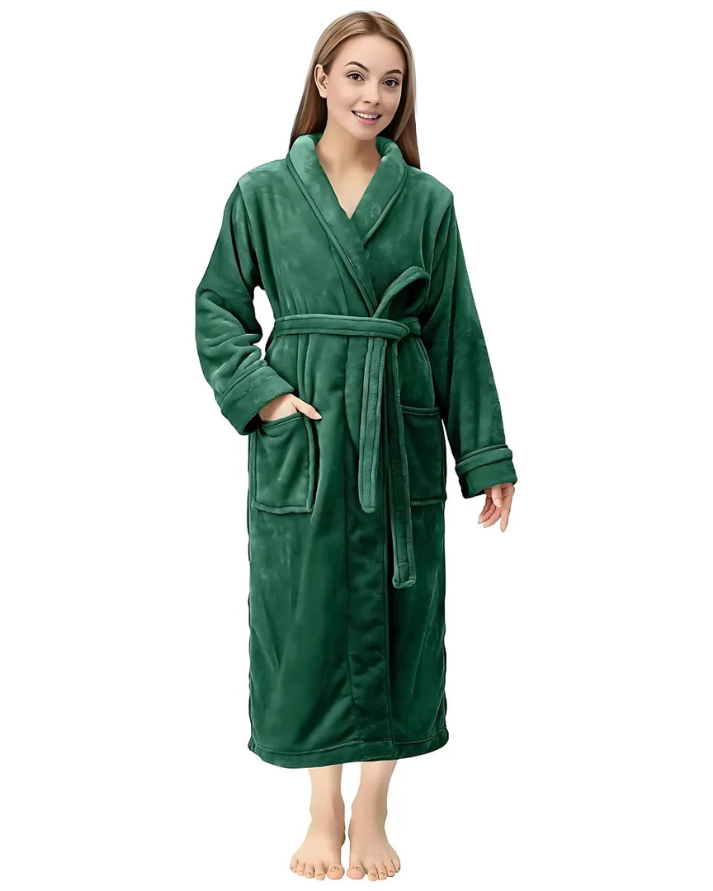 Green Plush Fleece Bathrobe Long Shawl Collar