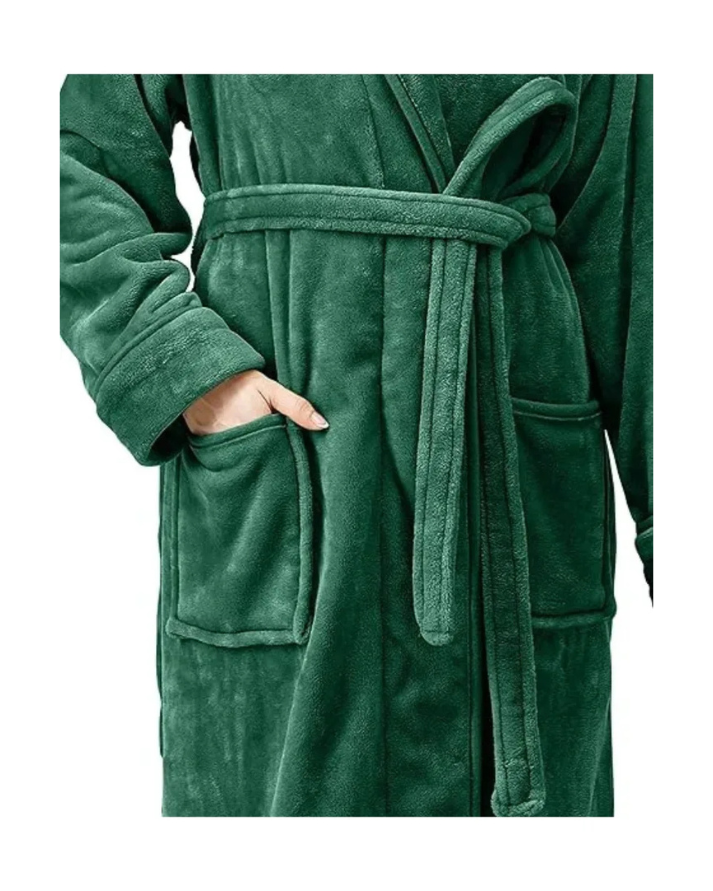Green Plush Fleece Bathrobe Long Shawl Collar