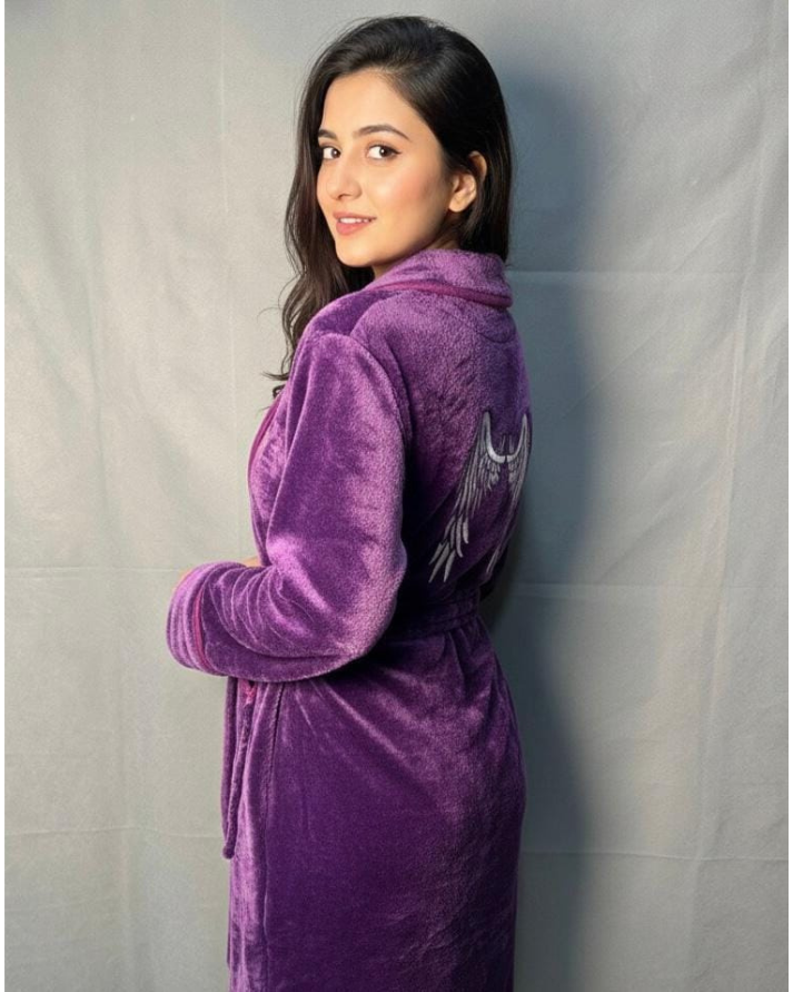 PURPLE ANGLE Embroidered Soft Plush Fleece Bathrobe With Slippers