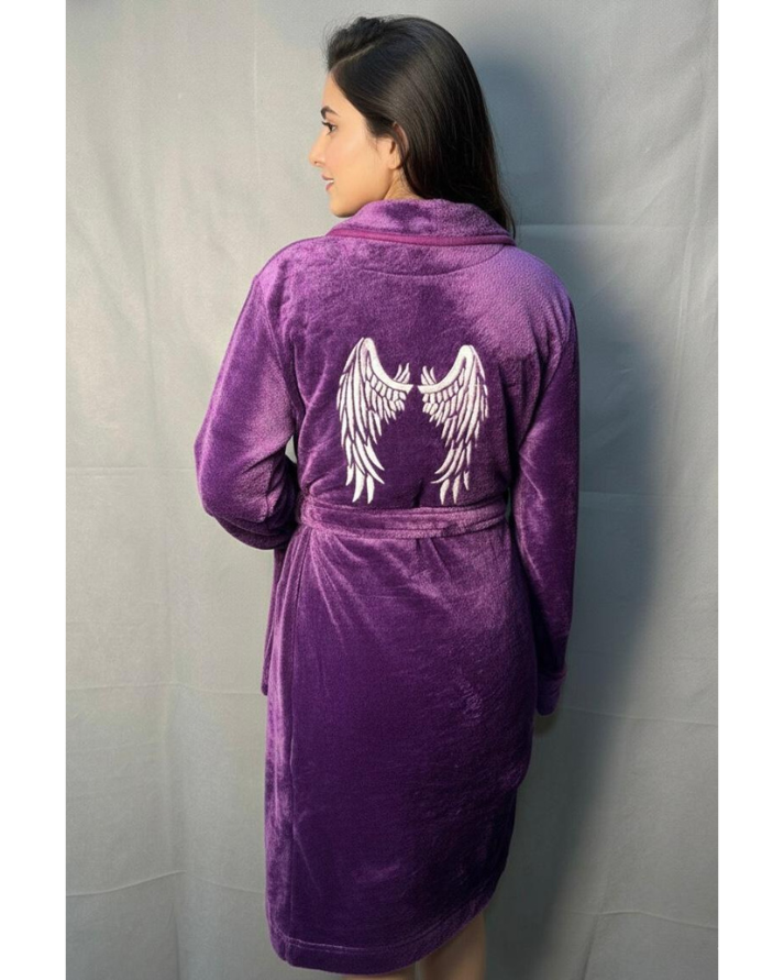 PURPLE ANGLE Embroidered Soft Plush Fleece Bathrobe With Slippers