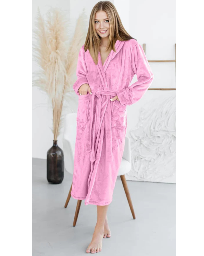 Pink Plush Fleece Bathrobe Long Shawl Collar