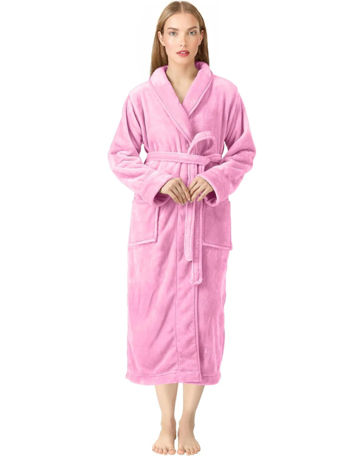 Pink Plush Fleece Bathrobe Long Shawl Collar