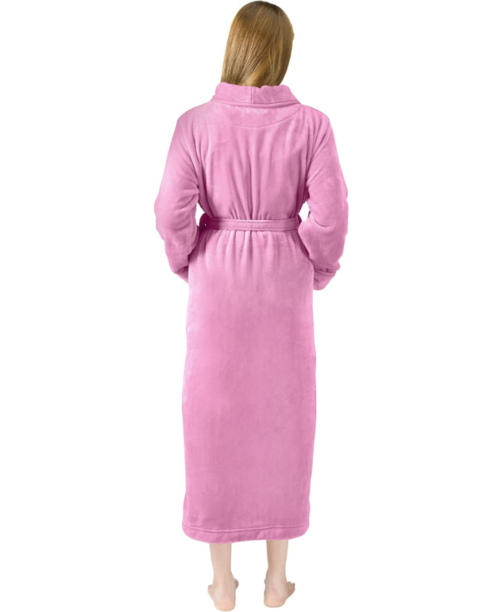 Pink Plush Fleece Bathrobe Long Shawl Collar