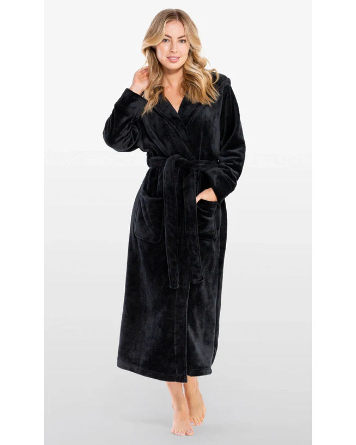 BLACK Unisex Soft Plush Fleece Hooded Bathrobe