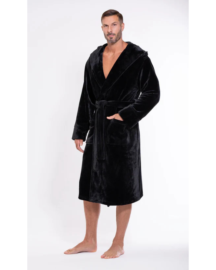 BLACK Unisex Soft Plush Fleece Hooded Bathrobe