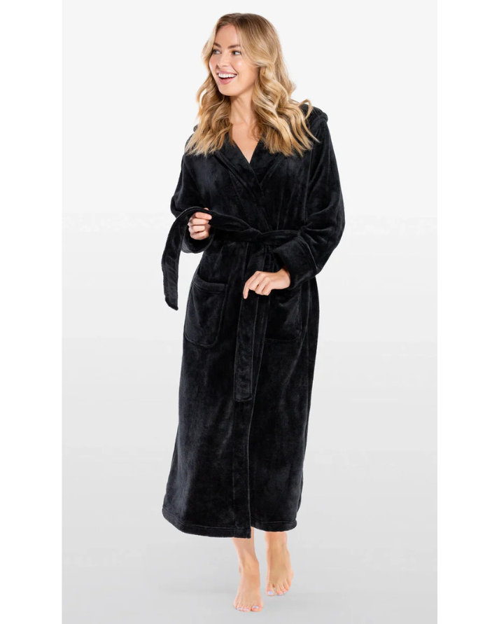 BLACK Unisex Soft Plush Fleece Hooded Bathrobe