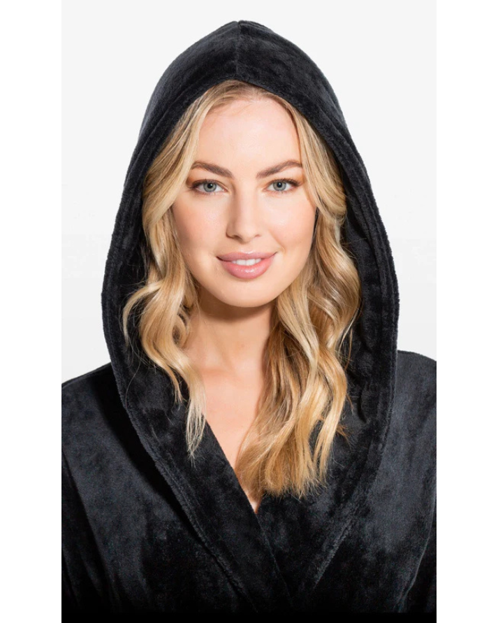 BLACK Unisex Soft Plush Fleece Hooded Bathrobe