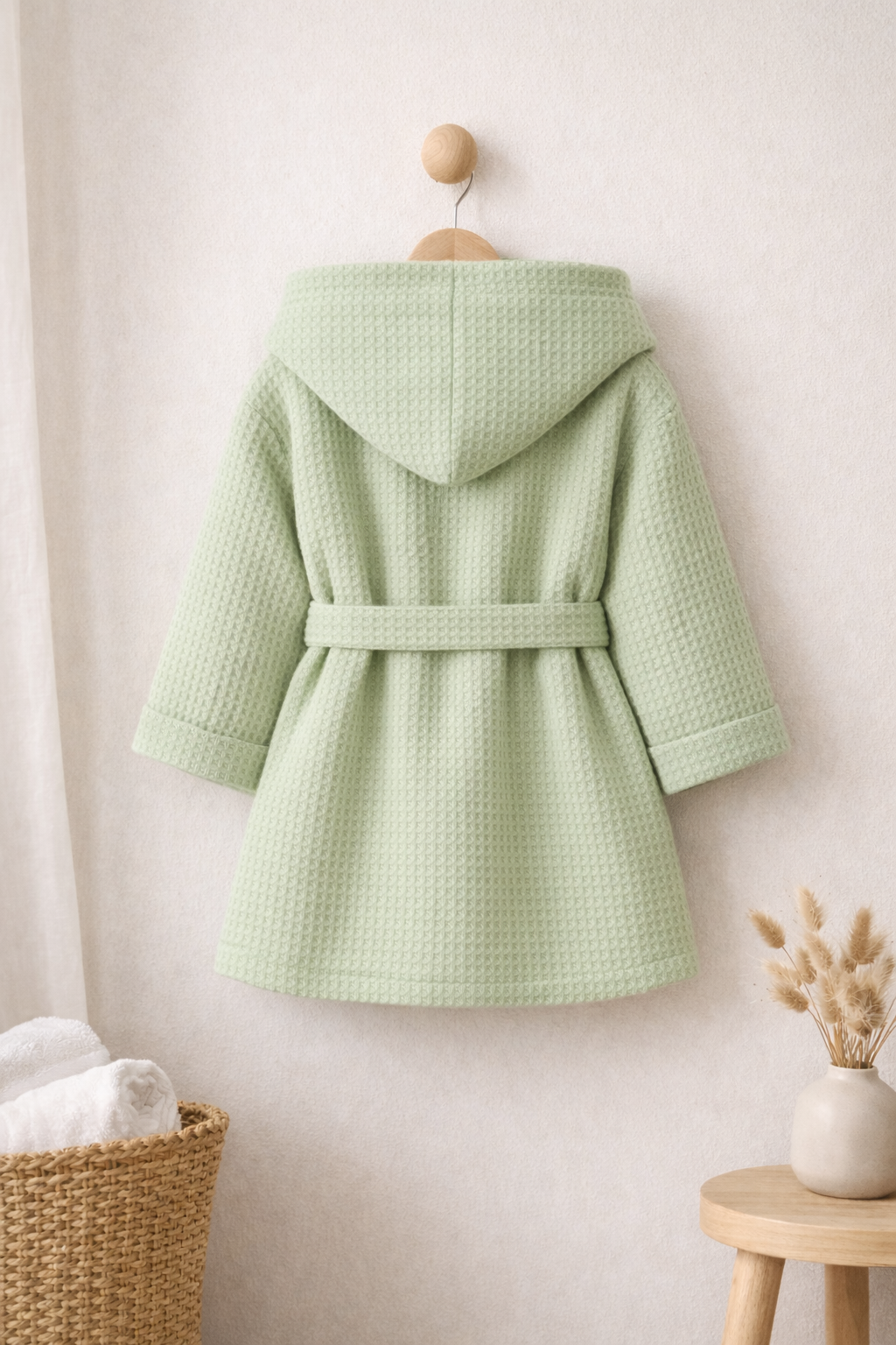 Premium Kids Bathrobe | Waffle Texture Green, 100% Cotton (Ages 4-6 Years)