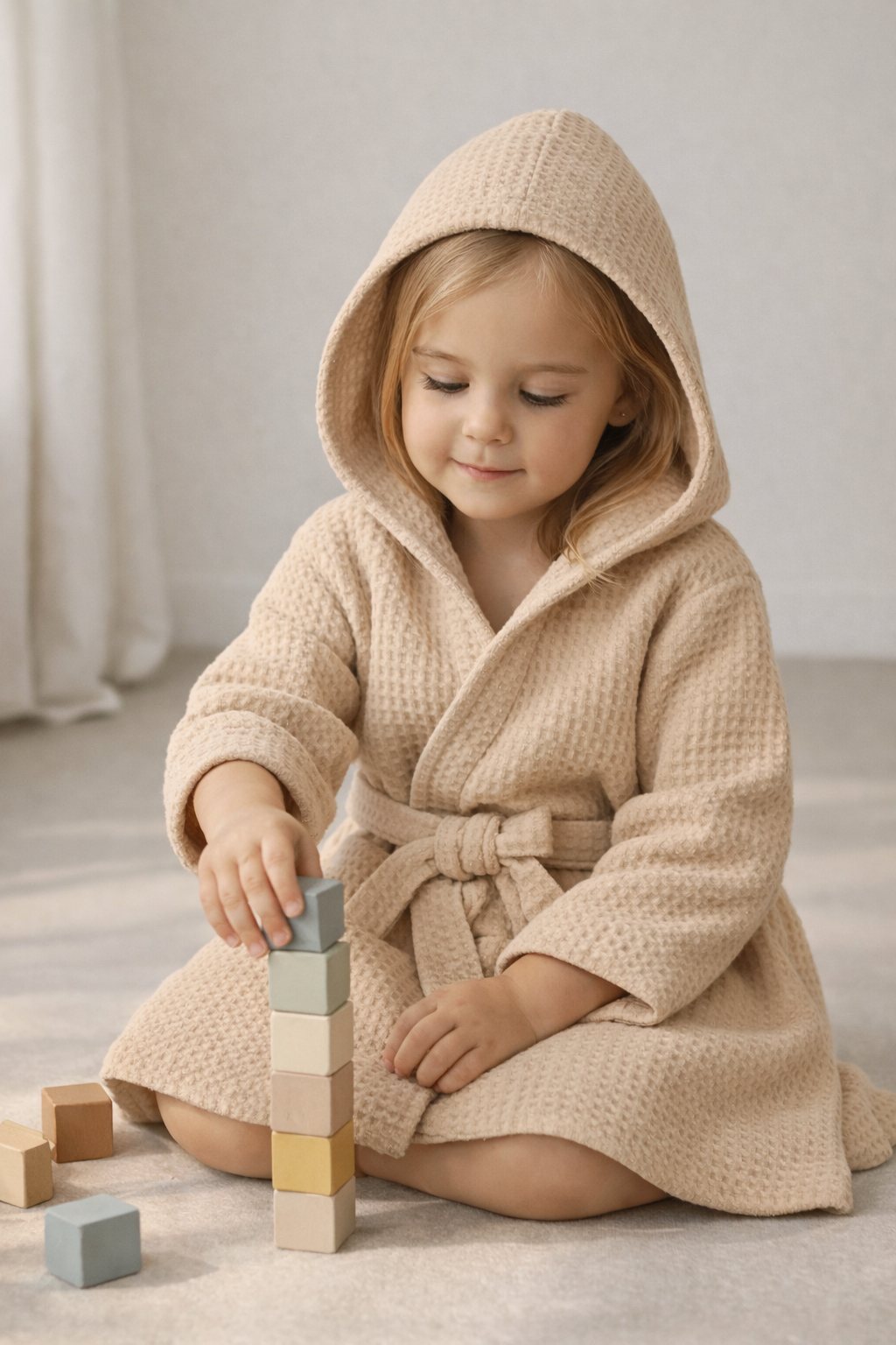 Premium Kids Bathrobe | Waffle Texture Beige, 100% Cotton (Ages 4-6 Years)
