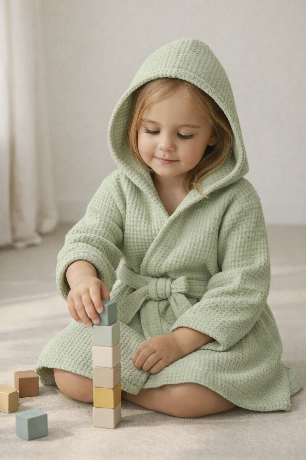 Premium Kids Bathrobe | Waffle Texture Green, 100% Cotton (Ages 4-6 Years)