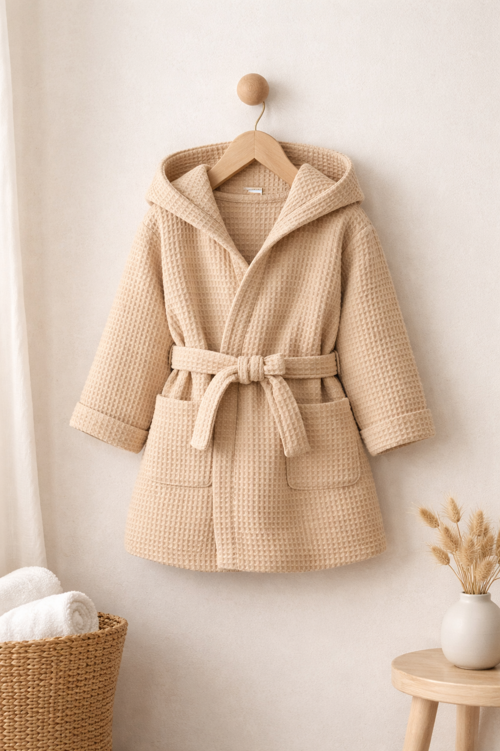 Premium Kids Bathrobe | Waffle Texture Beige, 100% Cotton (Ages 4-6 Years)
