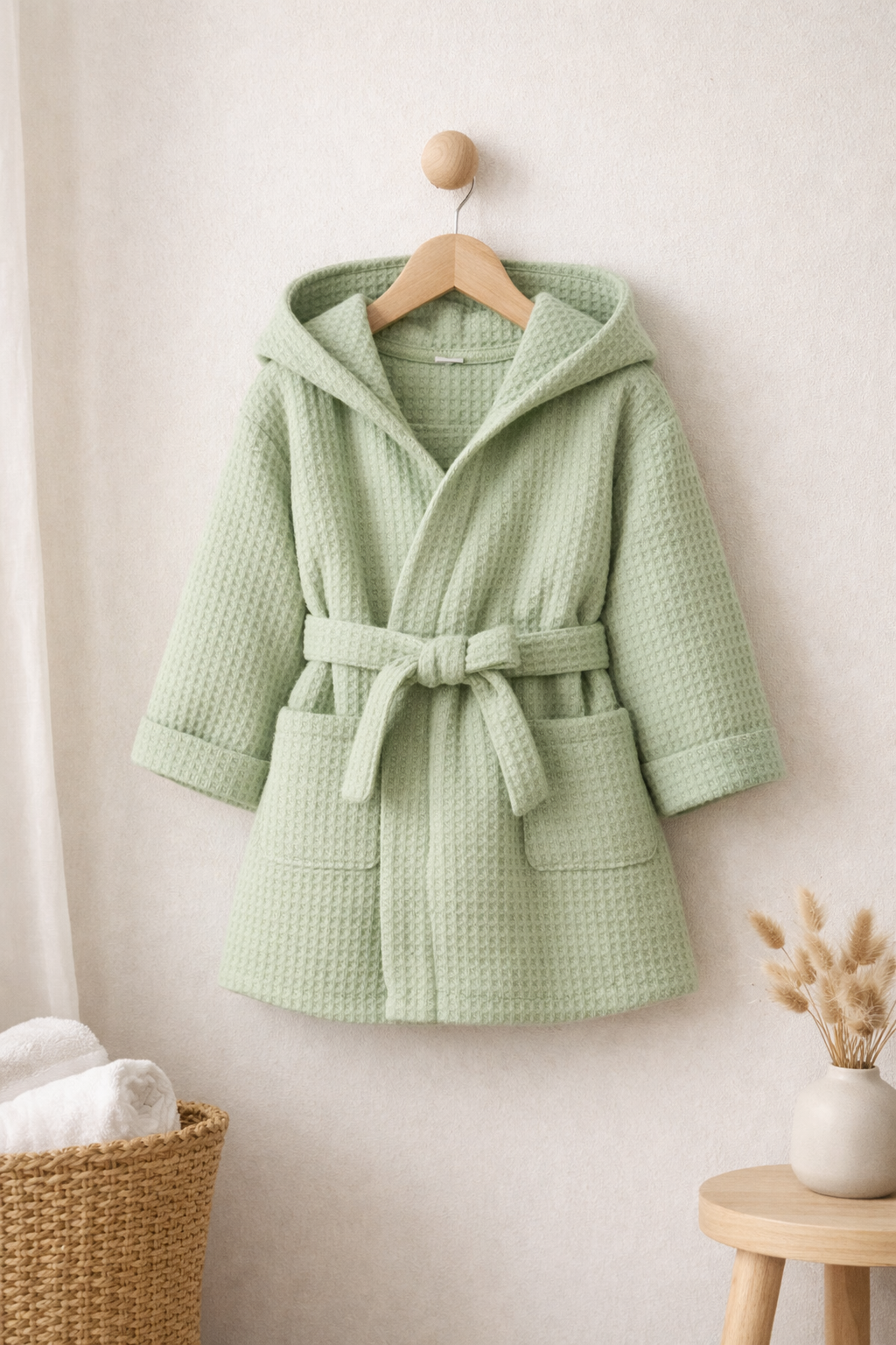 Premium Kids Bathrobe | Waffle Texture Green, 100% Cotton (Ages 4-6 Years)