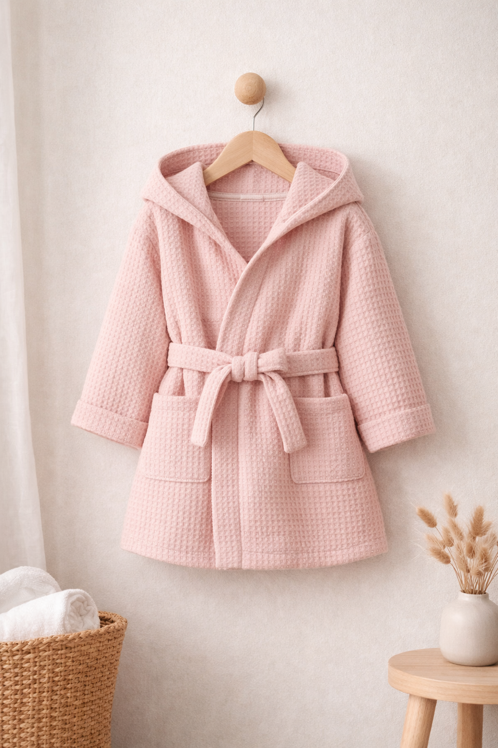 Premium Kids Bathrobe | Waffle Texture Pink, 100% Cotton (Ages 4-6 Years)