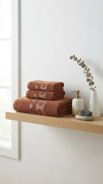 Printed Border Cotton Bath Towel Set Pack of 3 – Soft & Absorbent | 27×54 & 20×40 Inches