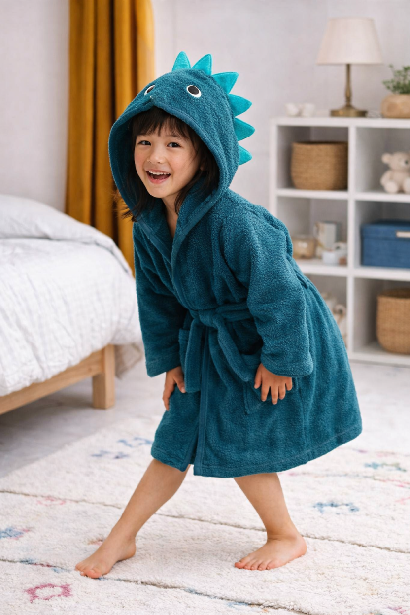 Dinosaur Hooded Kids Bathrobe – Dark Blue (Ages 4 to 10)