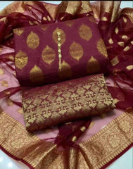 Unstitched Dark Cotton Jacquard 3-Piece Set featuring Printed Front, Sleeves, Back, Dupatta & Jacquard Trousers