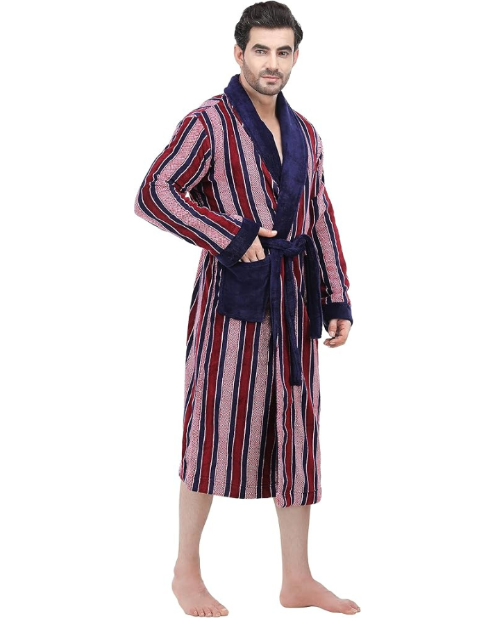 Striped Fleece Bathrobe With Slippers – Plush, Warm & Stylish