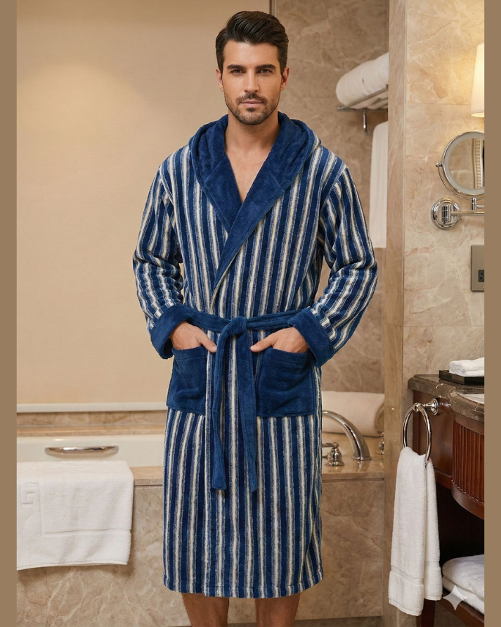 Premium Striped Fleece Bathrobe with Belt – Ultra Soft