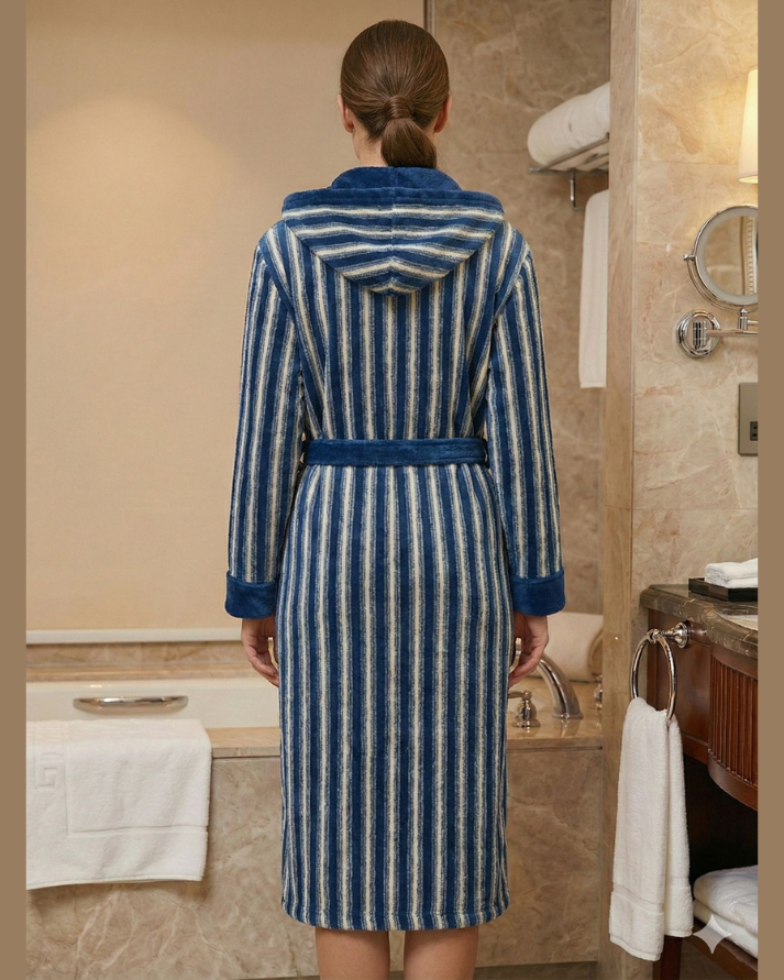 Premium Striped Fleece Bathrobe with Belt – Ultra Soft
