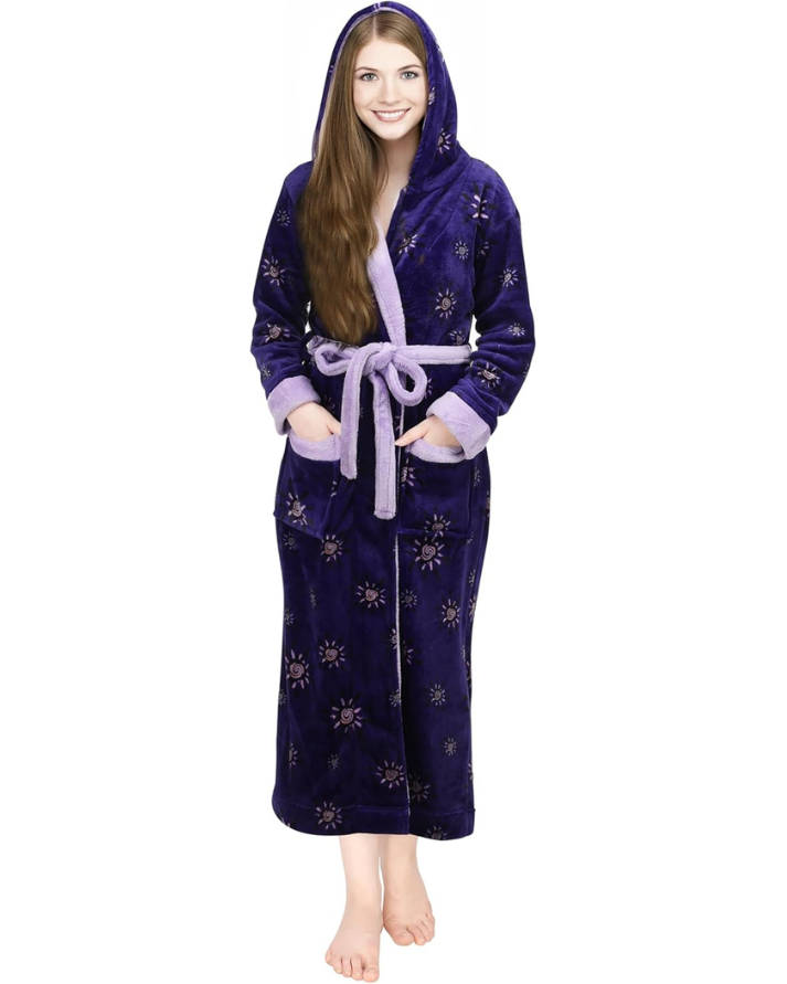 Luxury Fleece Adult Hooded Bathrobe – Purple Printed, Ultra Soft
