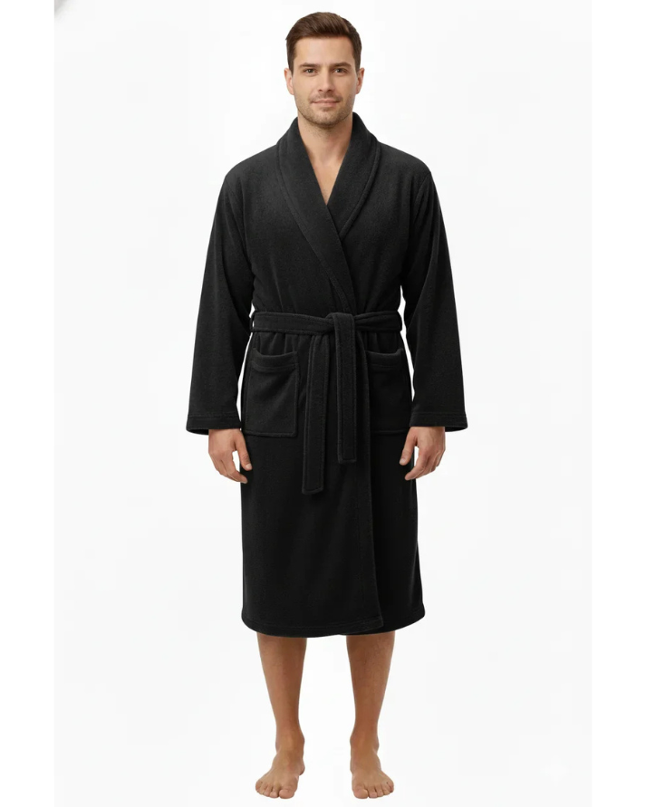 Black Plush Fleece Bathrobe Long Shawl Collar