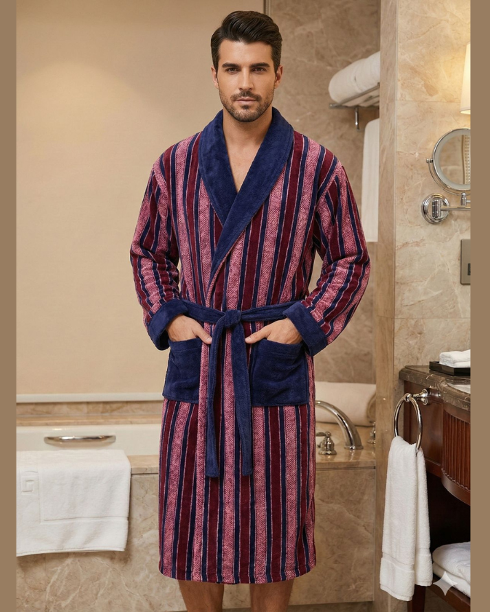 Striped Fleece Bathrobe With Slippers – Plush, Warm & Stylish