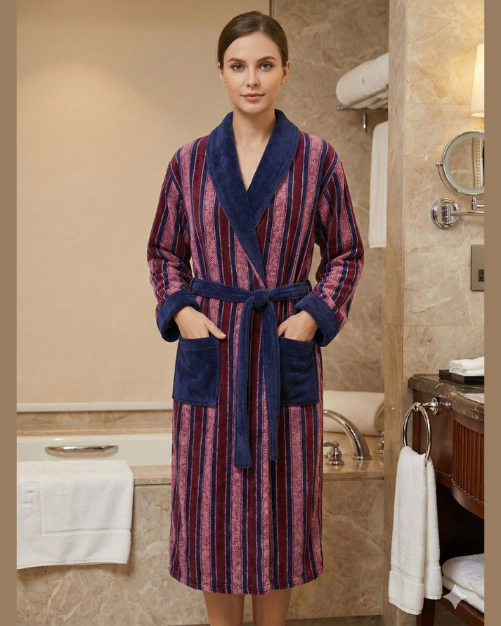 Striped Fleece Bathrobe With Slippers – Plush, Warm & Stylish