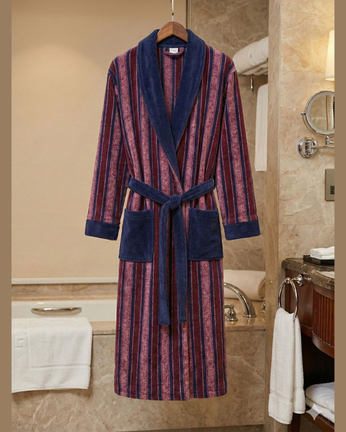 Striped Fleece Bathrobe With Slippers – Plush, Warm & Stylish