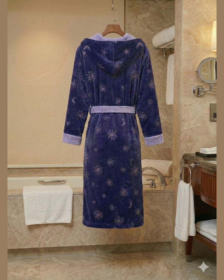 Luxury Fleece Adult Hooded Bathrobe – Purple Printed, Ultra Soft