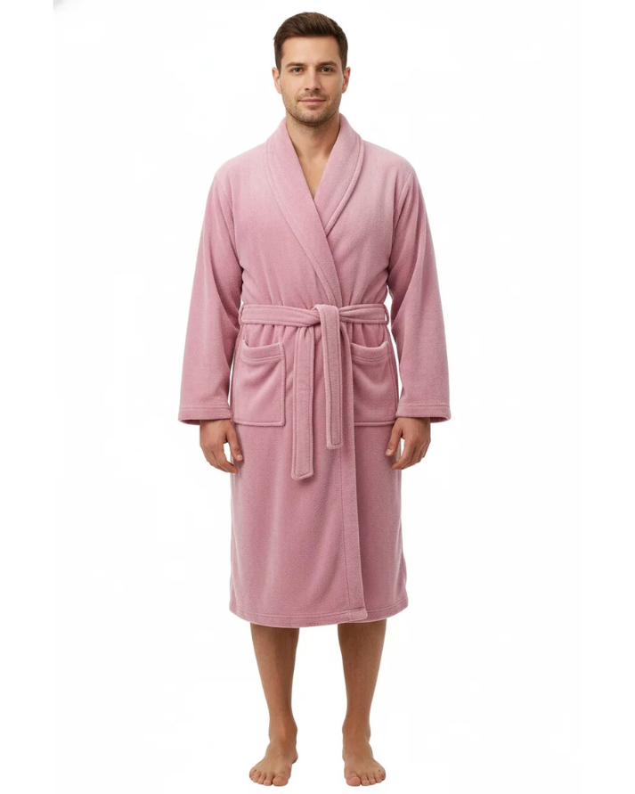 Pink Plush Fleece Bathrobe Long Shawl Collar