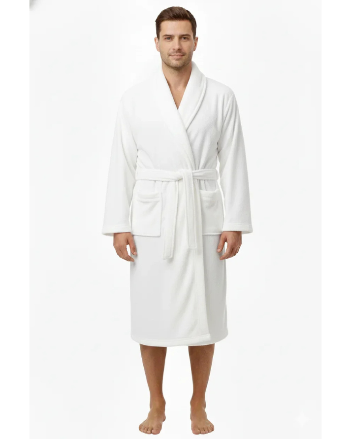 White Plush Fleece Bathrobe Long Shawl Collar
