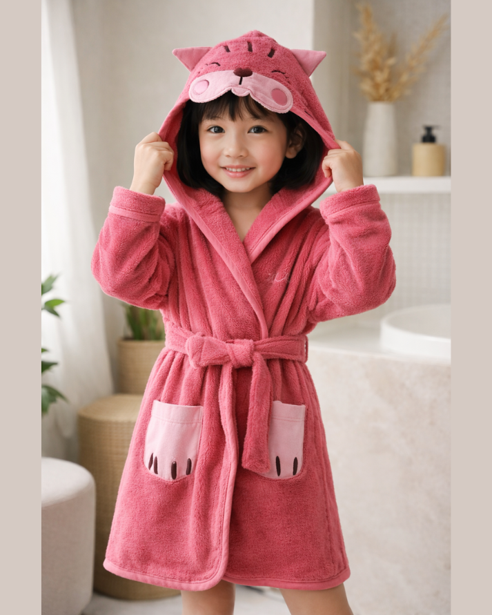Cat Hooded Kids Bathrobe – Dark Pink (Ages 6 to 8)