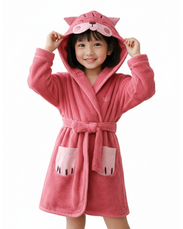 Cat Hooded Kids Bathrobe – Dark Pink (Ages 6 to 8)