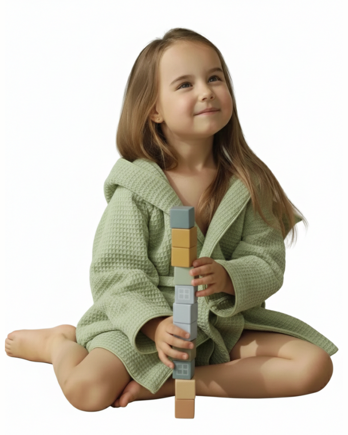 Premium Kids Bathrobe | Waffle Texture Green, 100% Cotton (Ages 4-6 Years)