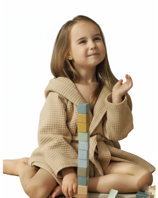 Premium Kids Bathrobe | Waffle Texture Beige, 100% Cotton (Ages 4-6 Years)