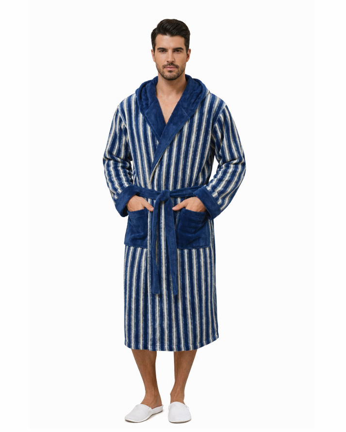 Premium Striped Fleece Bathrobe with Belt – Ultra Soft