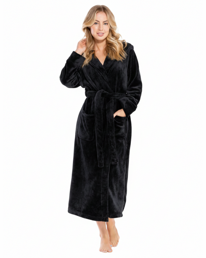 BLACK Unisex Soft Plush Fleece Hooded Bathrobe