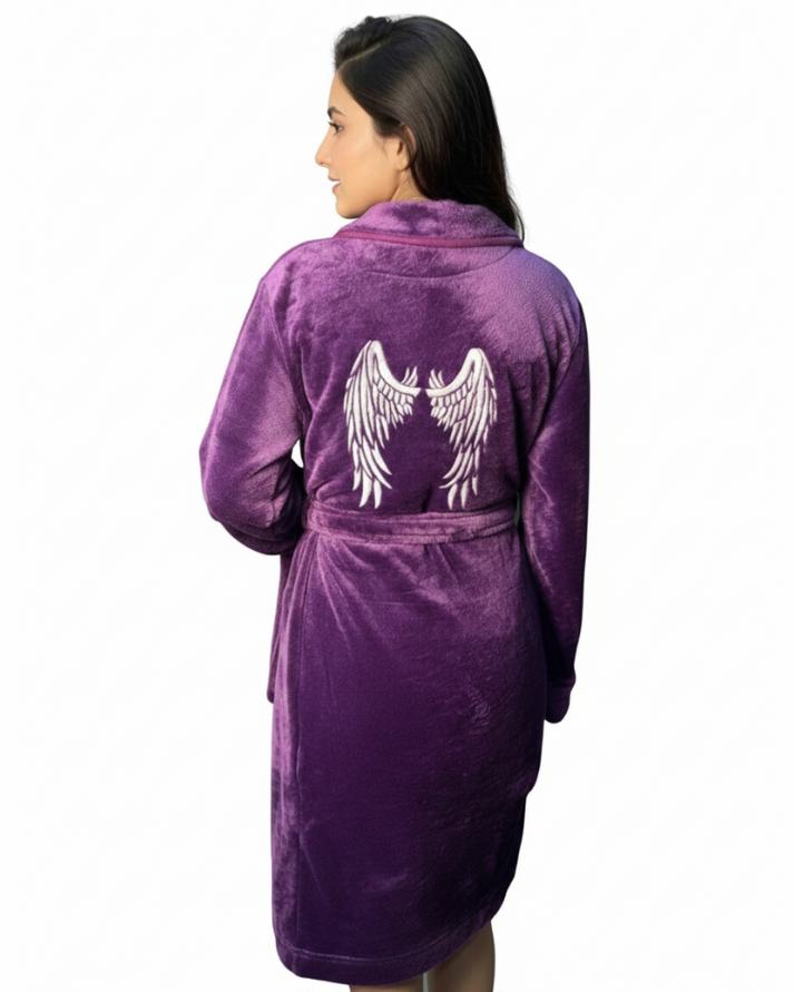 PURPLE ANGLE Embroidered Soft Plush Fleece Bathrobe With Slippers