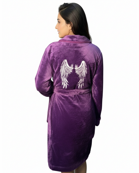 PURPLE ANGLE Embroidered Soft Plush Fleece Bathrobe With Slippers