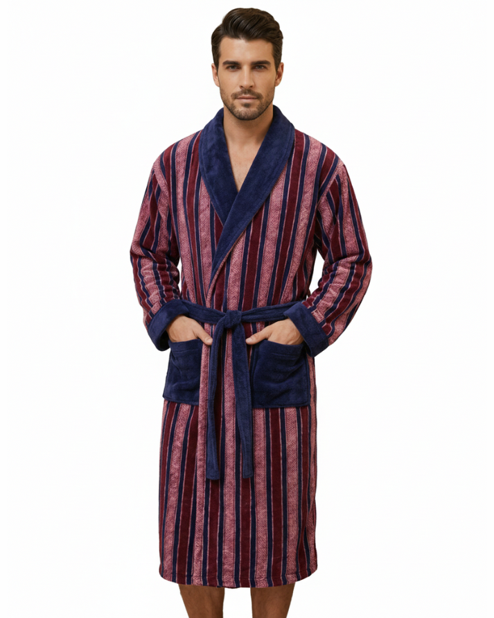 Striped Fleece Bathrobe With Slippers – Plush, Warm & Stylish