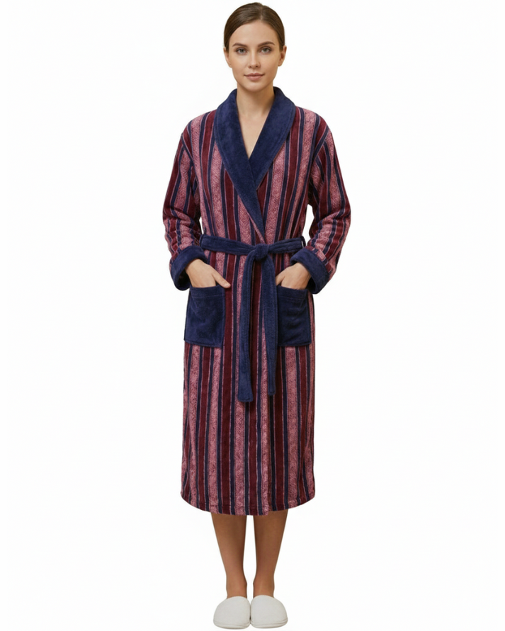 Striped Fleece Bathrobe With Slippers – Plush, Warm & Stylish
