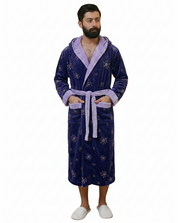 Luxury Fleece Adult Hooded Bathrobe – Purple Printed, Ultra Soft