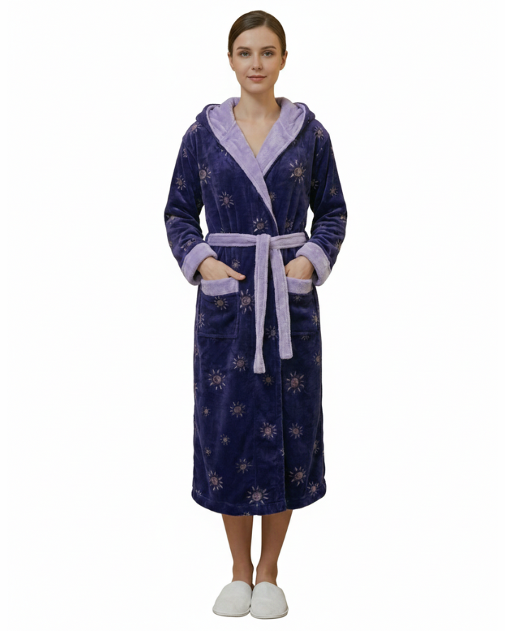 Luxury Fleece Adult Hooded Bathrobe – Purple Printed, Ultra Soft